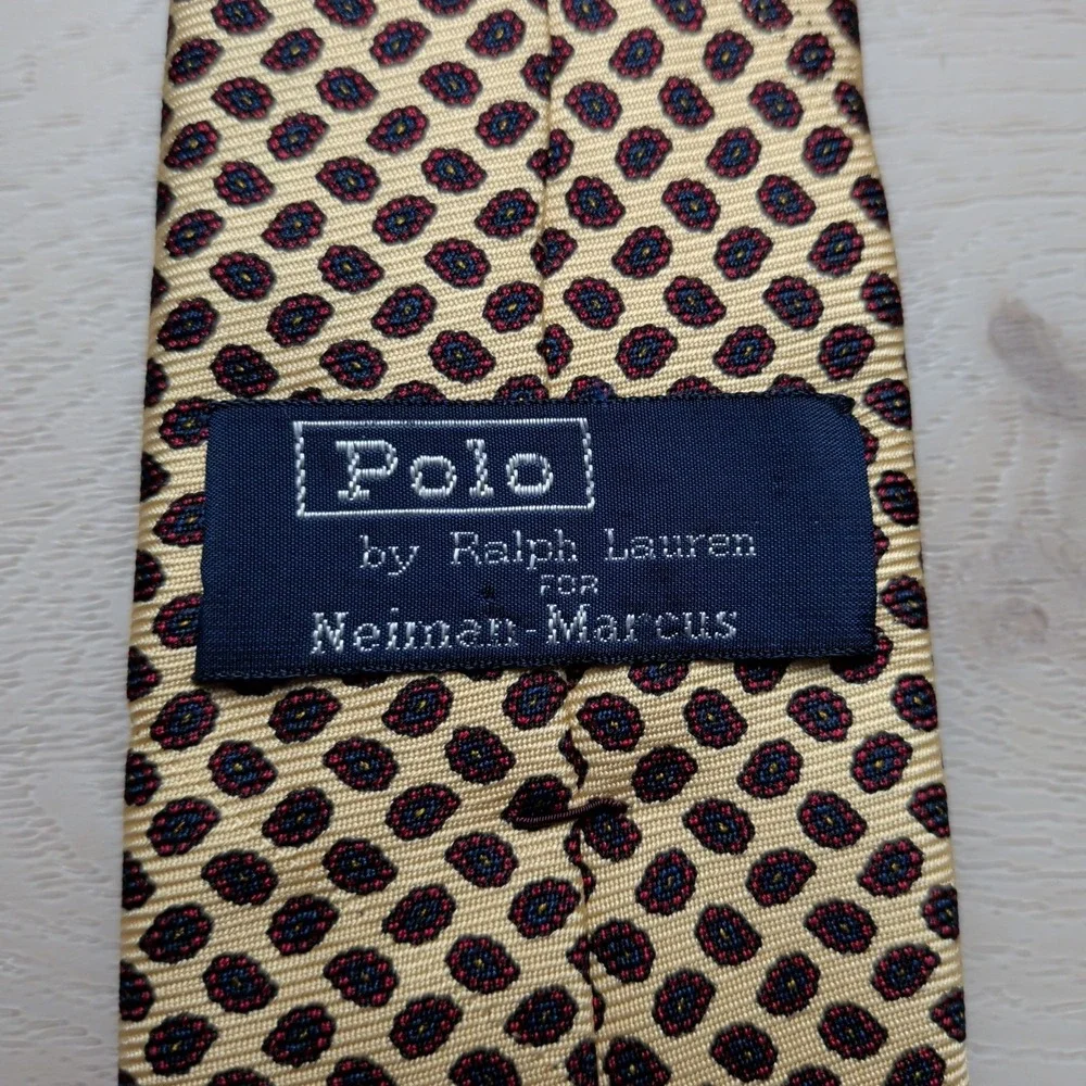 Vintage‎ Polo Ralph Lauren Neiman Marcus Tie Necktie Gold Red Geometric Silk
